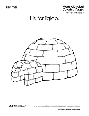 I is for Igloo free printable letter I coloring page for kids. 