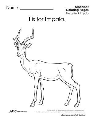 I is for impala free printable letter I coloring page for kids. 