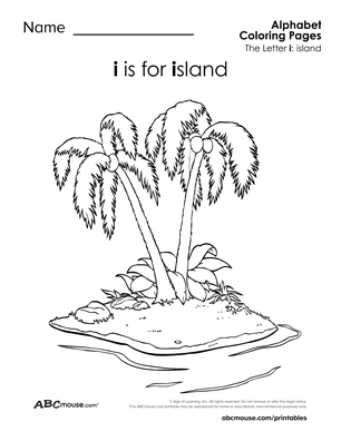 I is for island free printable letter I coloring page for kids. 