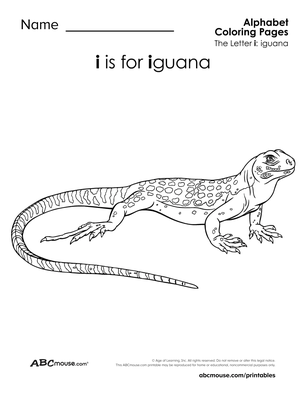 I is for iguana free printable letter I coloring page for kids. 