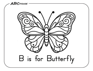 B is for butterfly. Free printable coloring page from ABCmouse.com. 