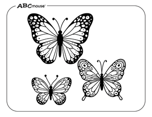 Set of 3 butterflies. Free printable coloring page from ABCmouse.com. 