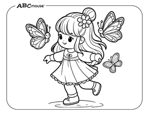 A cute girl dancing with butterflies. Free printable coloring page from ABCmouse.com. 