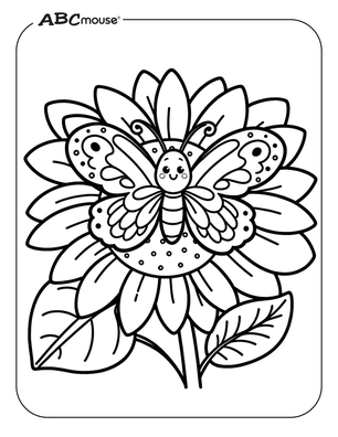 Butterfly on a sunflower. Free printable coloring page from ABCmouse.com. 
