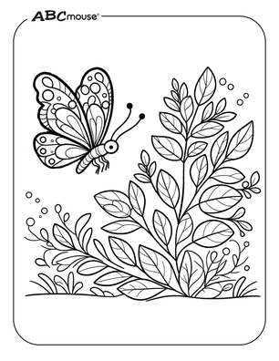 Butterfly flying to leaves. Free printable coloring page from ABCmouse.com. 