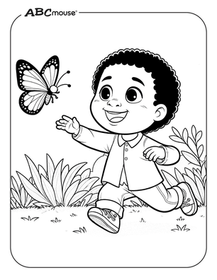 Boy chasing butterfly. Free printable coloring page from ABCmouse.com. 
