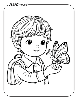 Boy holding a butterfly. Free printable coloring page from ABCmouse.com. 