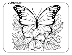 Simple butterfly with flowers. Free printable coloring page from ABCmouse.com. 
