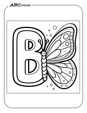 Big bubble letter B with butterfly. Free printable coloring page from ABCmouse.com. 