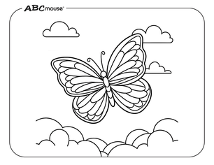 Butterfly flying over clouds. Free printable coloring page from ABCmouse.com. 