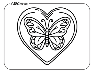 Butterfly in a heart. Free printable coloring page from ABCmouse.com. 