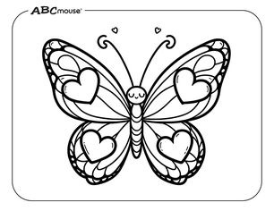 Butterfly with hearts. Free printable coloring page from ABCmouse.com. 
