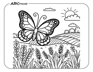 Butterfly flying over a field. Free printable coloring page from ABCmouse.com. 