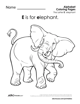 E is for Elephant Free Printable Coloring Page.