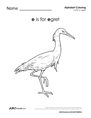 E is for Egret Free Printable Coloring Page