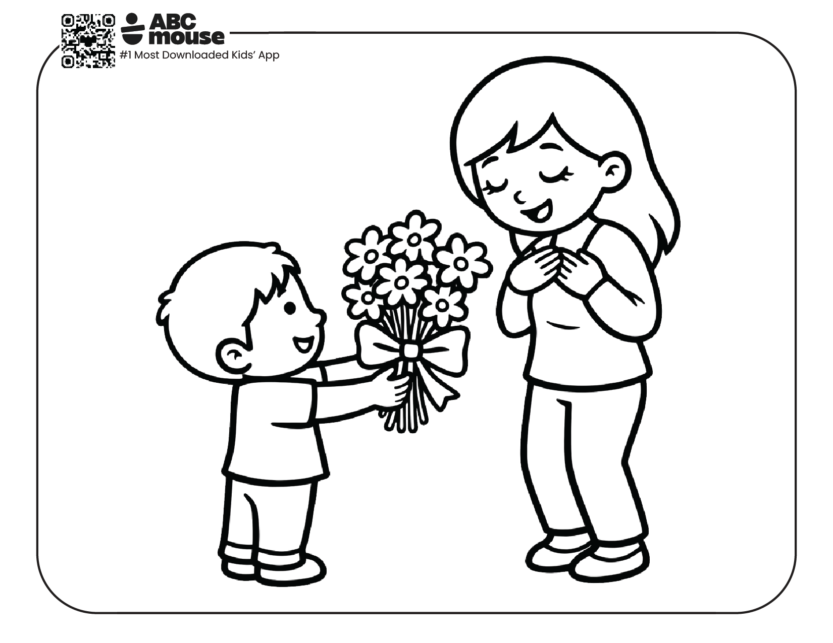 Boy giving his mom flowers for mother's day free printable coloring page from ABCmouse.com.