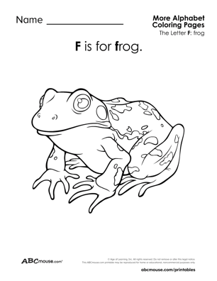 Free printable letter F is for frog worksheet from ABCmoues.com. 