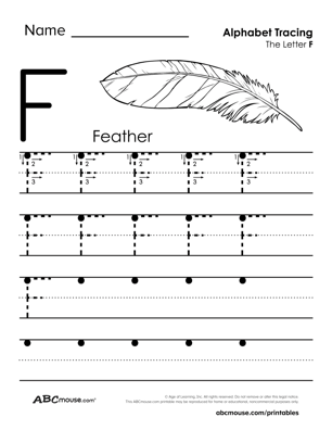 Free printable big letter F tracing worksheet from ABCmoues.com. 