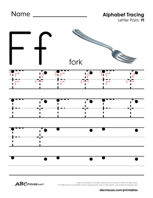 Free printable big and little letter F tracing worksheet from ABCmoues.com. 