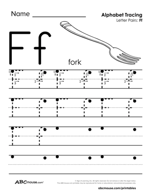 Free printable big and little letter F tracing worksheet from ABCmoues.com. 