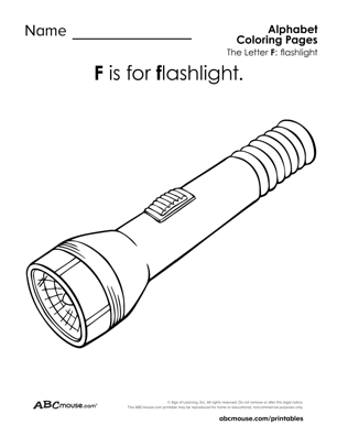 Free printable letter F is for flashlight worksheet from ABCmoues.com. 