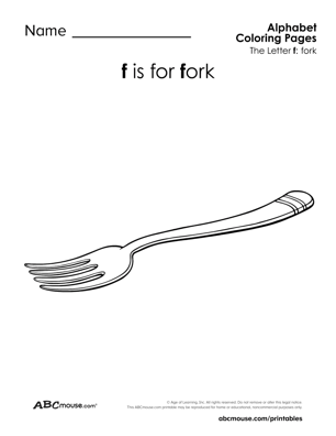 Free printable letter F is for fork worksheet from ABCmoues.com. 