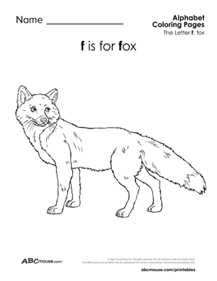 Free printable letter F is for fox worksheet from ABCmoues.com. 