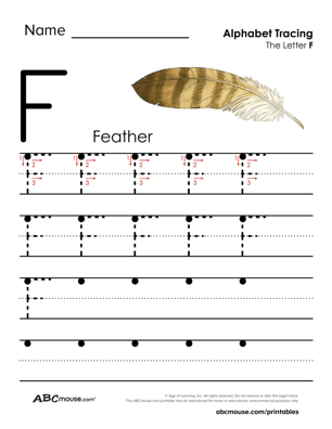 Free printable big letter F tracing worksheet from ABCmoues.com. 