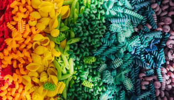 Colorful noodles in rainbow order. 