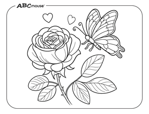 Rose and butterfly. Free printable coloring page from ABCmouse.com. 