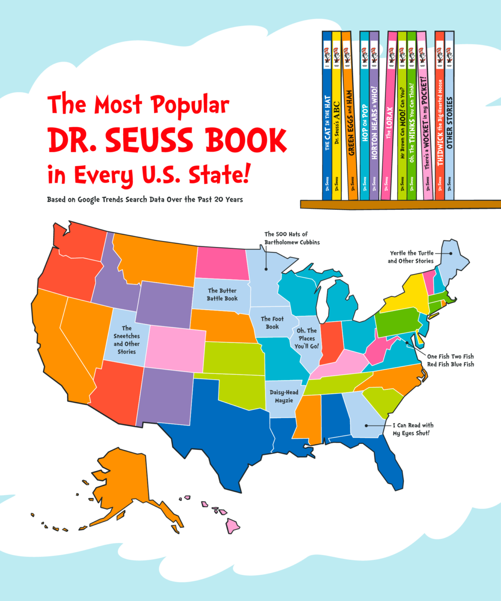 A U.S. map showing the most popular Dr. Seuss book in every state.
