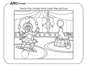 Free printable circle circus shape scene coloring pages from ABCmouse.com. 
