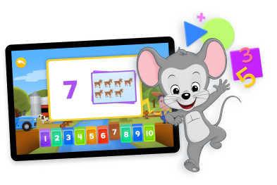 Cartoon mouse showing an ipad with games from ABCmouse