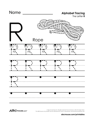 Free printable upper case letter R traceable worksheet from ABCmouse.com. 