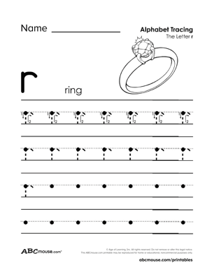 Free printable lower case letter R traceable worksheet from ABCmouse.com. 