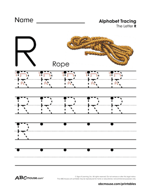 Free printable R is rope traceable worksheet from ABCmouse.com. 