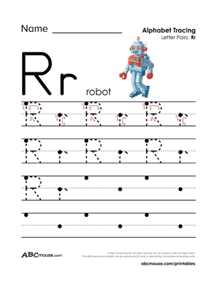 Free printable R is robot traceable worksheet from ABCmouse.com. 