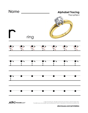 Free printable R is ring traceable worksheet from ABCmouse.com. 