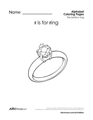 Free printable R  is for ring coloring page worksheet from ABCmouse.com. 