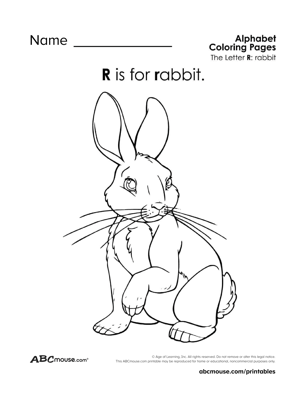 Free printable R  is for rabbit coloring page worksheet from ABCmouse.com. 