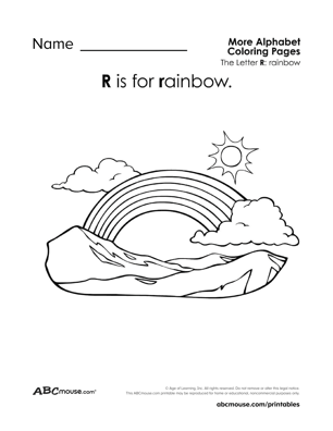 Free printable R  is for rainbow coloring page worksheet from ABCmouse.com. 
