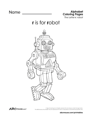 Free printable R  is for robot coloring page worksheet from ABCmouse.com. 