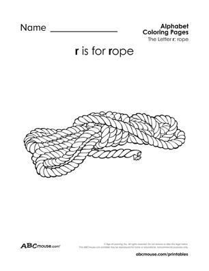 Free printable R  is for rope coloring page worksheet from ABCmouse.com. 