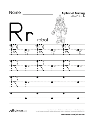 Free printable upper and lower case letter R traceable worksheet from ABCmouse.com. 