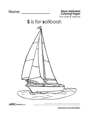 Free printable letter S is for sailboat coloring page worksheet from ABCmouse.com.