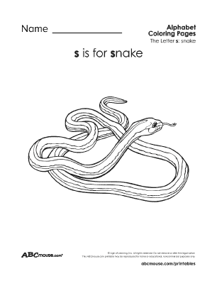 Free printable letter S is for snake coloring page worksheet from ABCmouse.com.
