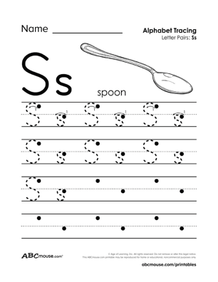 Free printable upper and lower case letter S tracing page worksheet from ABCmouse.com.