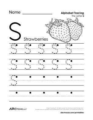 Free printable upper case letter S tracing page worksheet from ABCmouse.com.