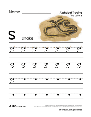 Free printable lower case letter S is for snake tracing page worksheet from ABCmouse.com.