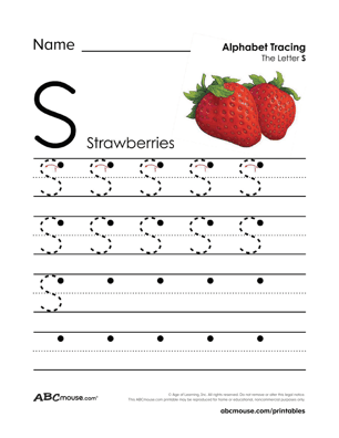 Free printable upper case letter S is for strawberries tracing page worksheet from ABCmouse.com.